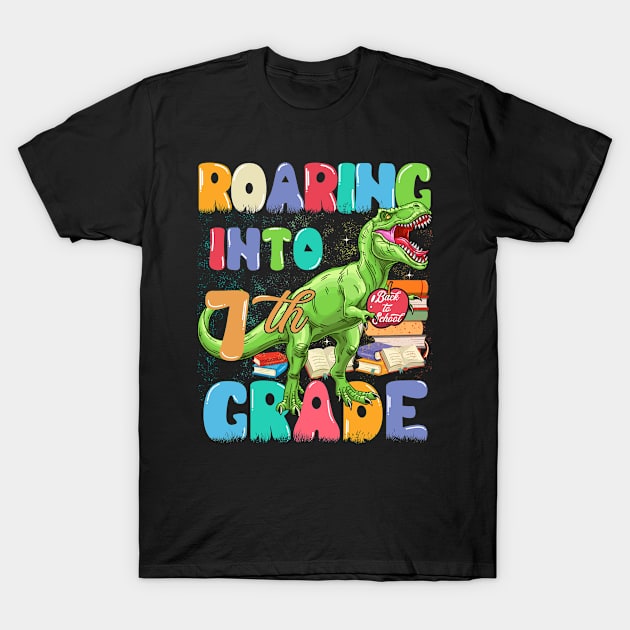 Roaring into 7th Grade Dinosaur Funny Back to School T-Shirt by TeeBlade